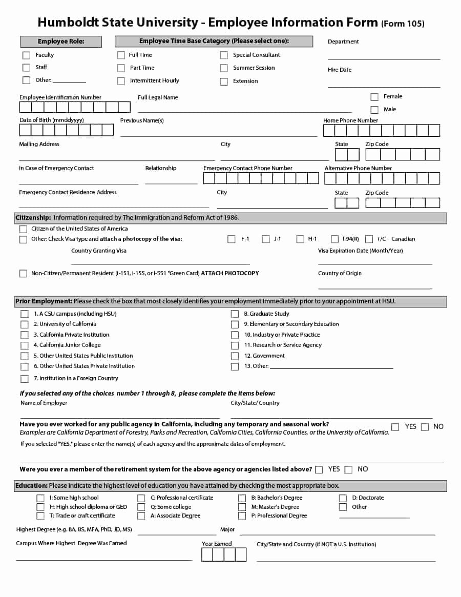 Employees Personal Information form Elegant 47 Printable Employee Information forms Personnel