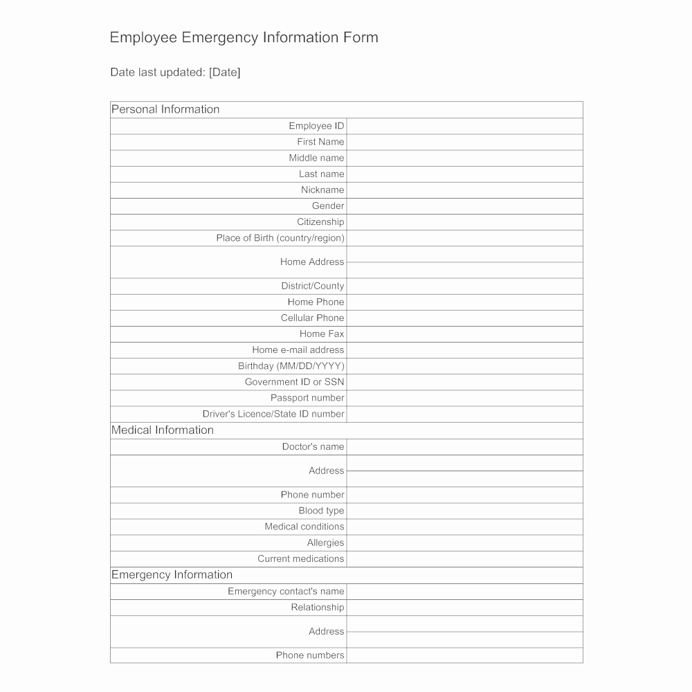 Employees Personal Information form Elegant Employee Emergency Information form