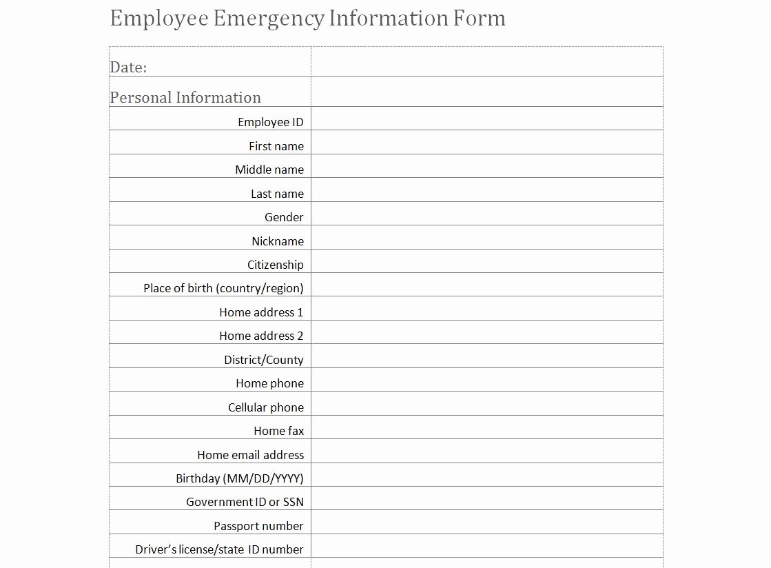 Employees Personal Information form Fresh Employee Emergency Information form Template