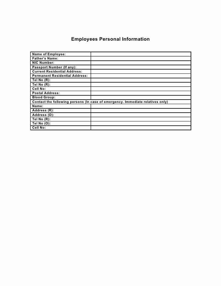 Employees Personal Information form Fresh Employee Personal Information form