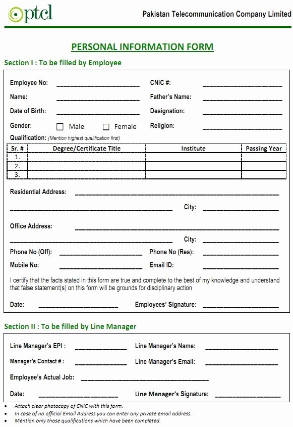 Employees Personal Information form Unique Revised Personal Information form for Ptcl Employees