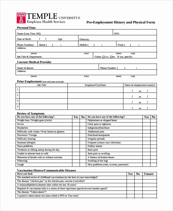 Employment History form Template Elegant 9 Sample Physical Exam forms Pdf