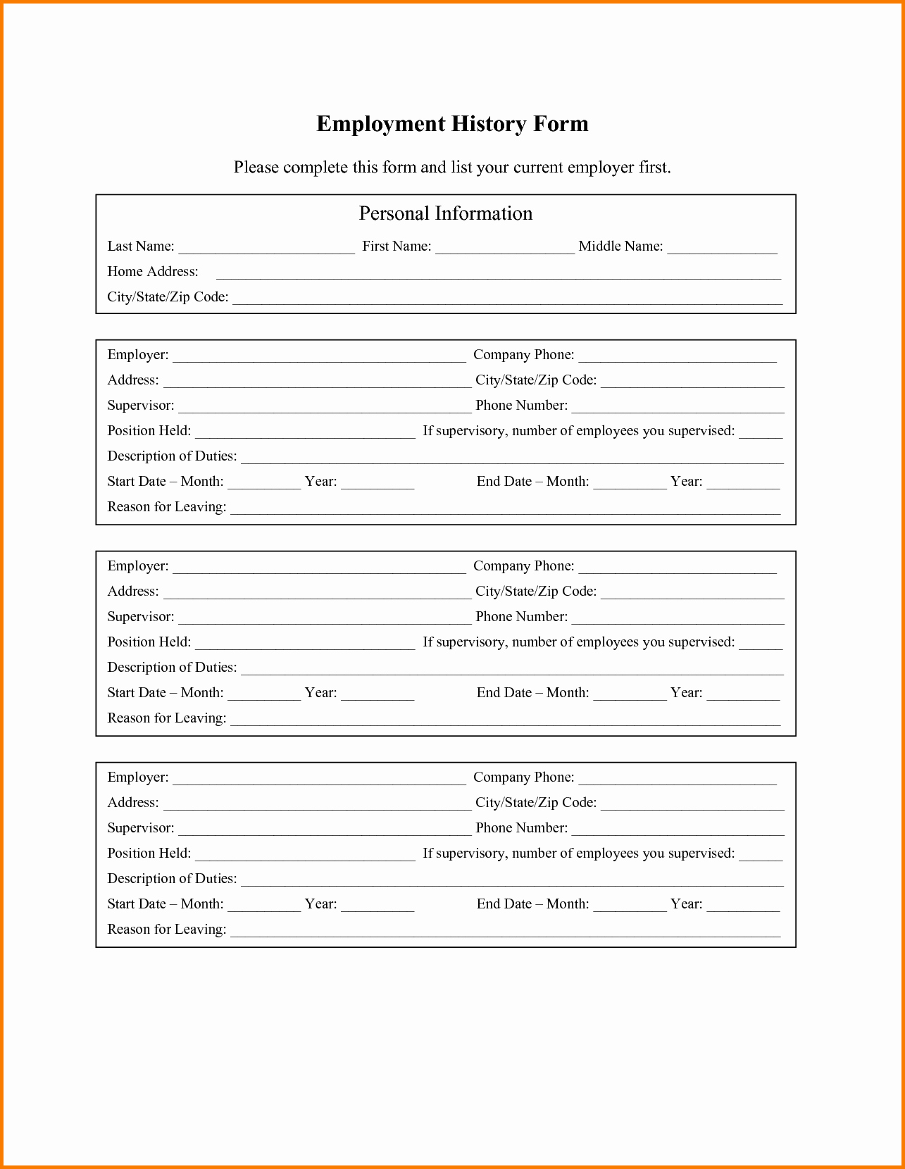 Employment History form Template Lovely Employment History form