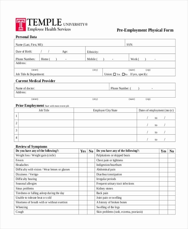 Employment History form Template Luxury Free 14 Sample Physical forms In Pdf