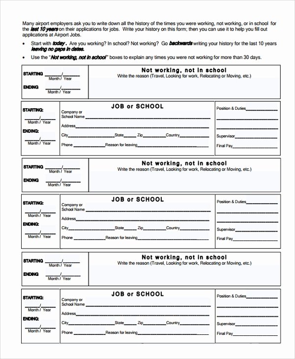 Employment History form Template Unique Sample Work History Template 9 Free Documents Download