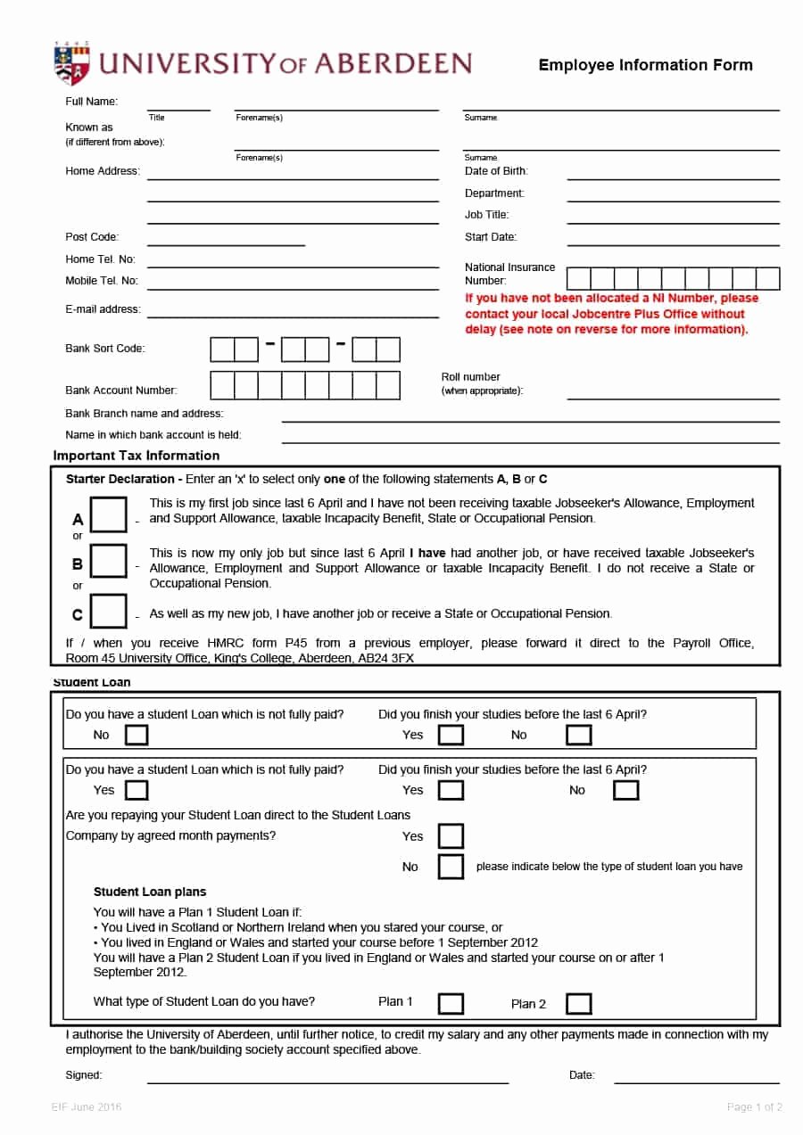 Employment Personal Information forms Fresh 47 Printable Employee Information forms Personnel