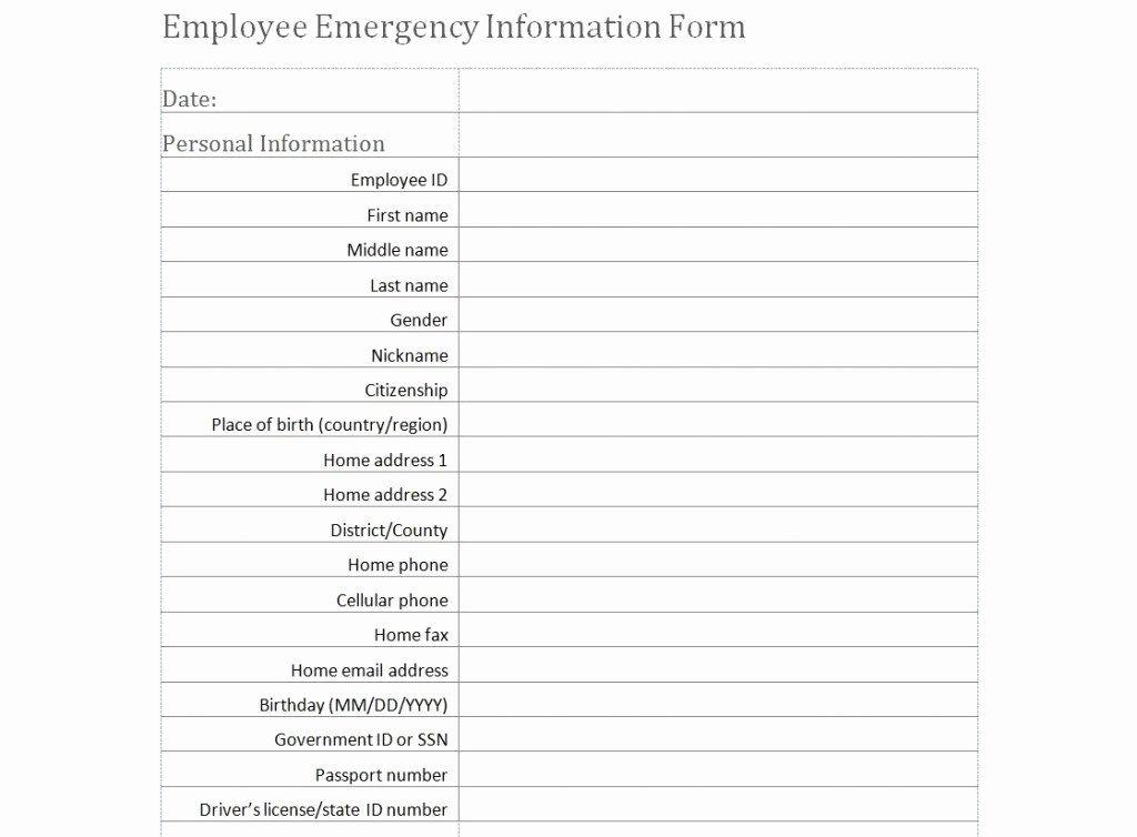 Employment Personal Information forms Fresh Employee Emergency Information form Template