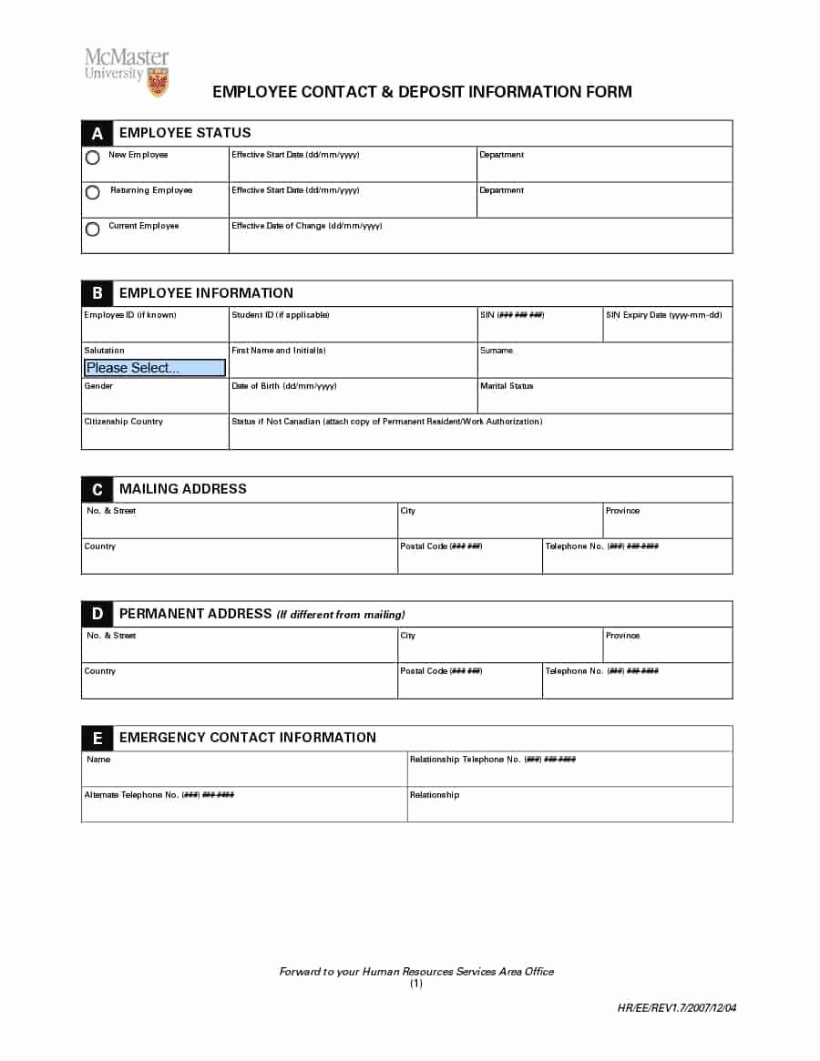Employment Personal Information forms Inspirational 47 Printable Employee Information forms Personnel
