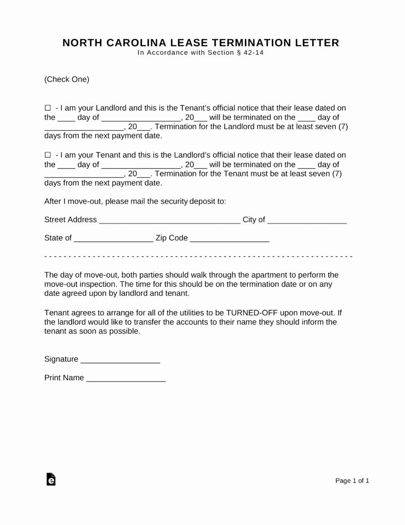 End Of Lease Letters Lovely north Carolina Lease Termination Letter form