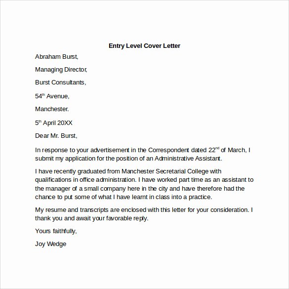 Entry Level Cover Letter Example Unique Entry Level Cover Letter Templates 9 Free Samples