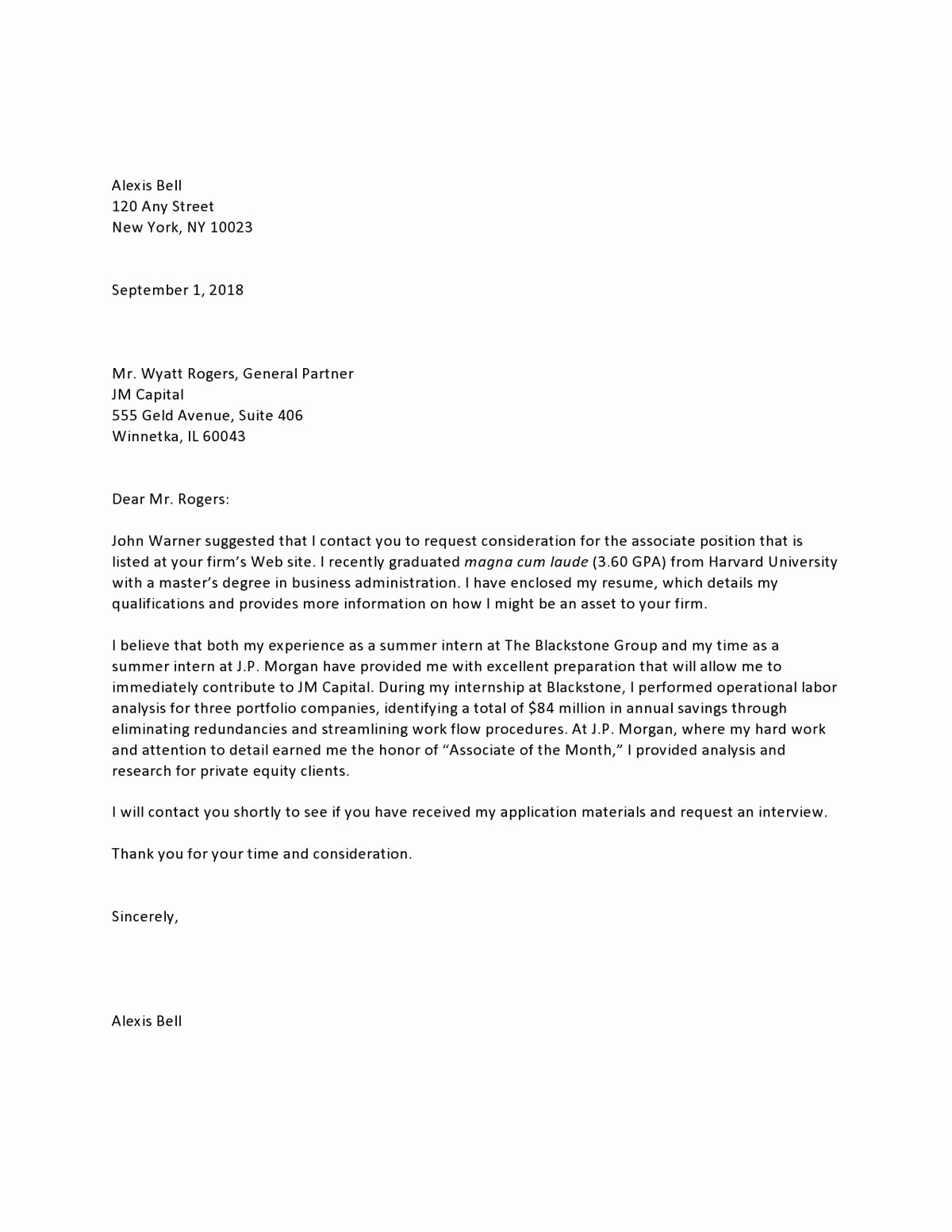 Entry Level Cover Letter Example Unique Private Equity Entry Level Referral Cover Letter