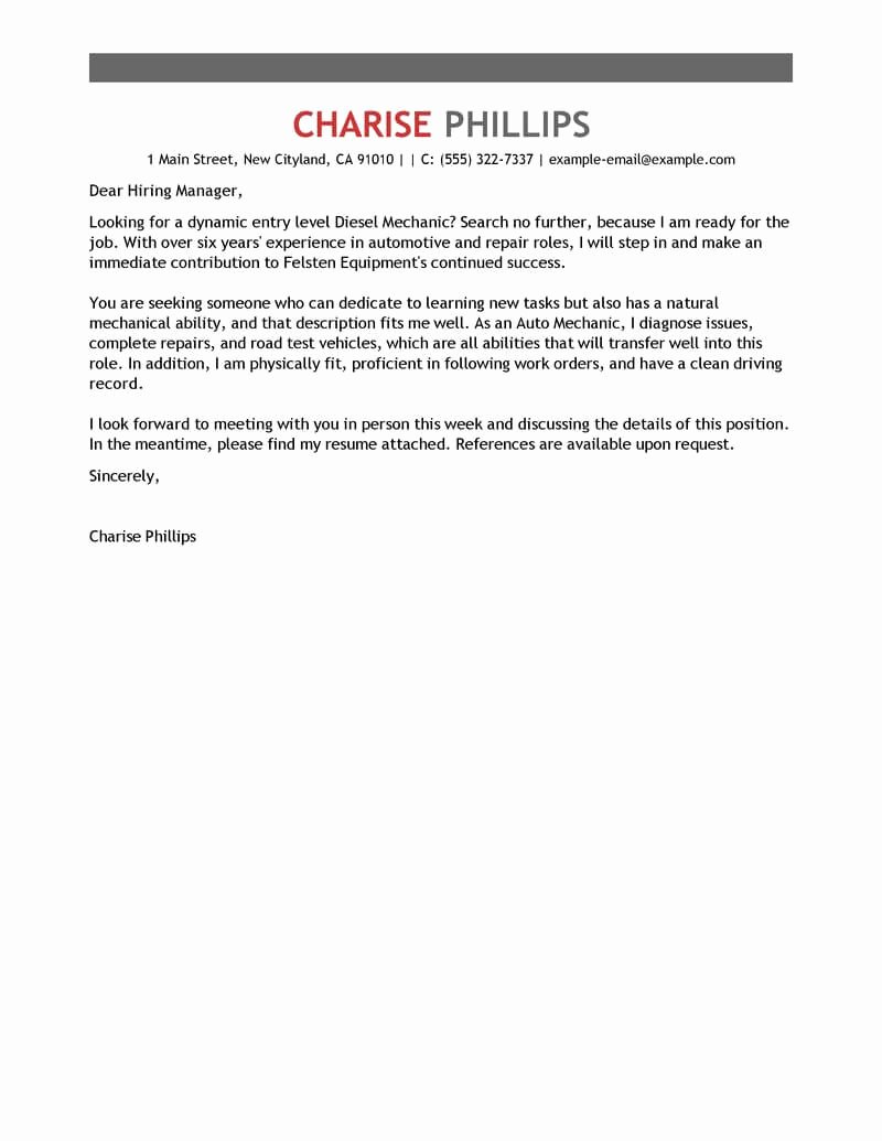 Entry Level Cover Letters Examples Awesome Outstanding Entry Level Mechanic Cover Letter Examples