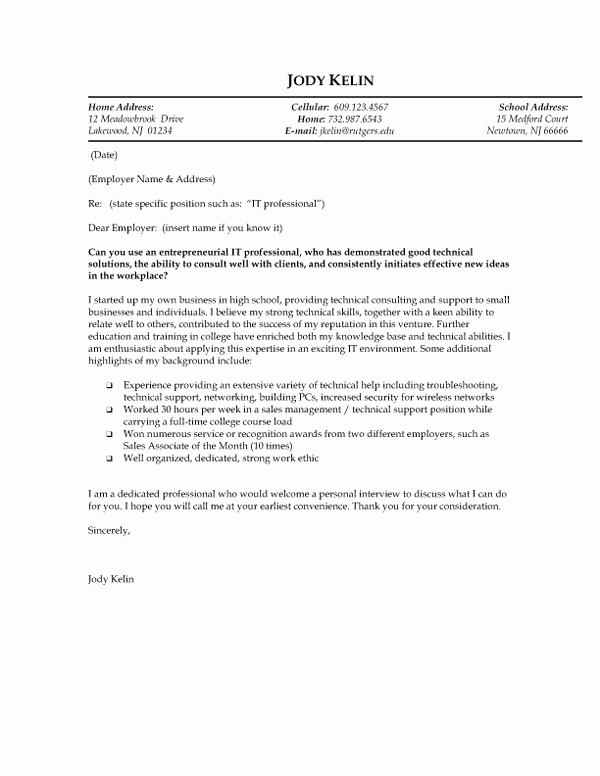Entry Level Cover Letters Examples Unique Information Technology Entry Level