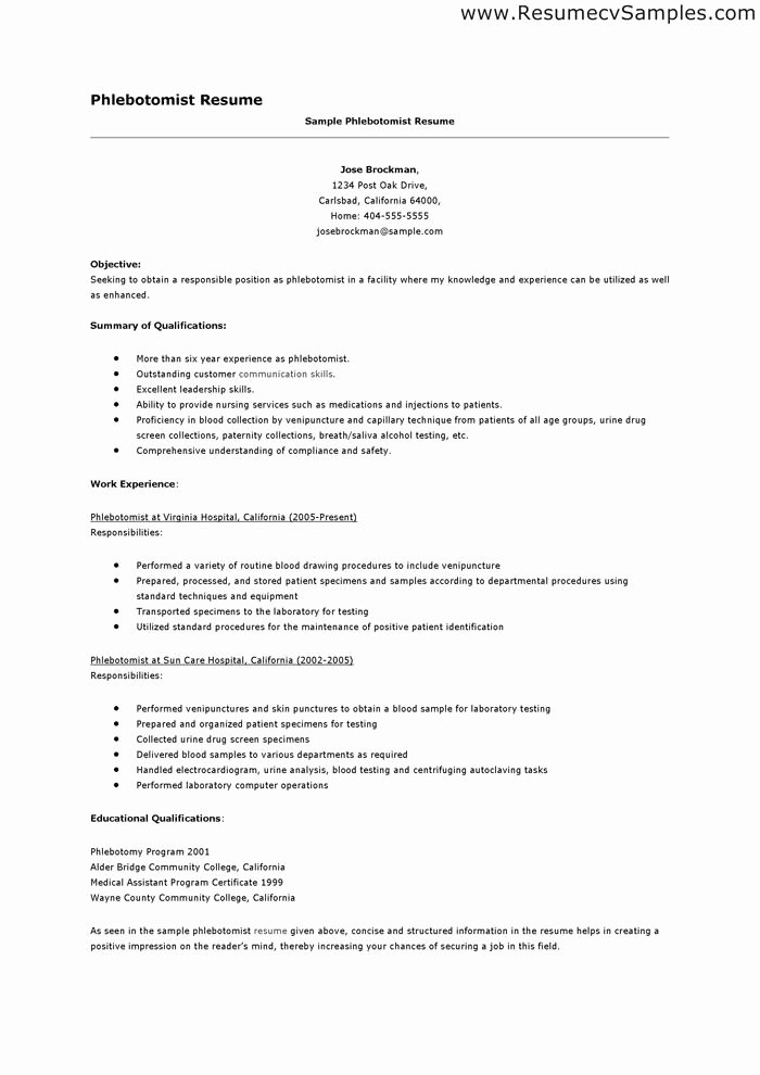 Entry Level Phlebotomy Resume Sample Elegant Phlebotomy Resume Objective Resume Cover Letter Samples