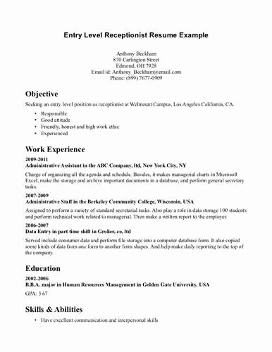 Entry Level Receptionist Resume Best Of Entry Level Receptionist Resume Example Page 1