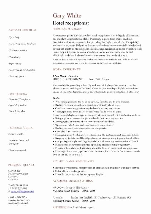 Entry Level Receptionist Resume Best Of Hospitality Cv Templates Free Able Hotel
