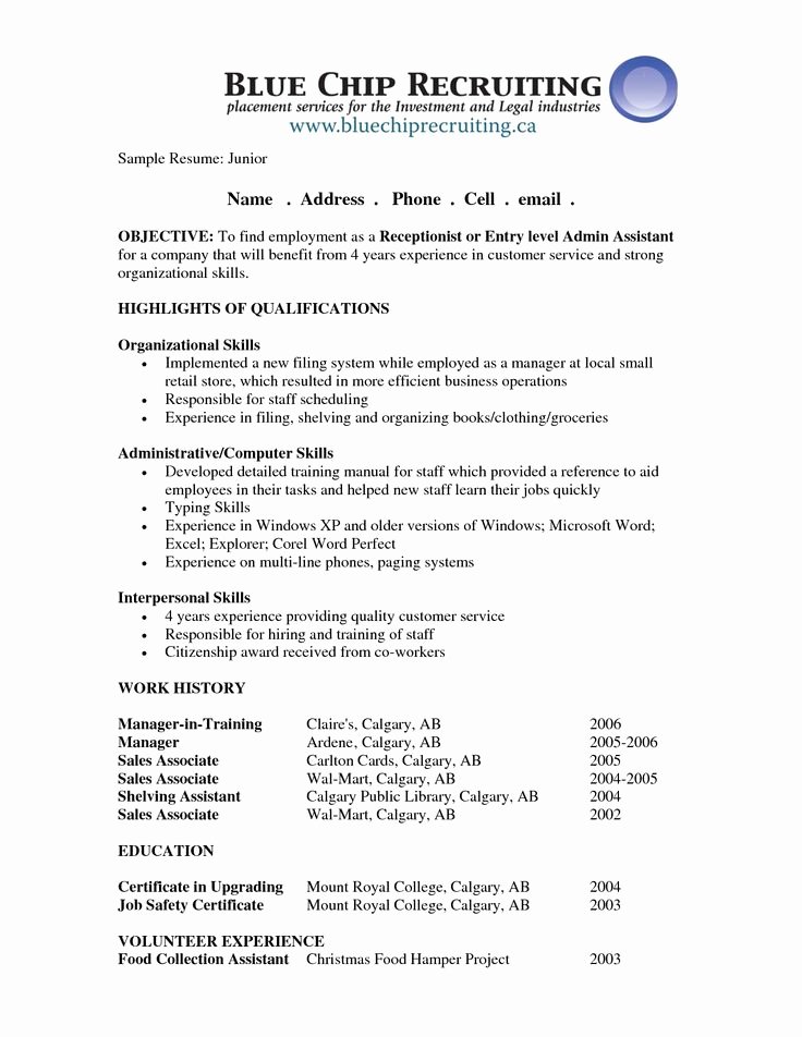 Entry Level Receptionist Resume Fresh 52 Best Images About Resumes On Pinterest