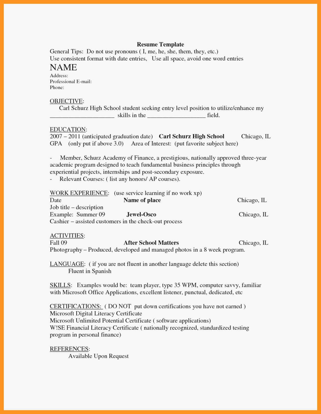 Entry Level Resume High School Unique High School Entry Level Resume Examples