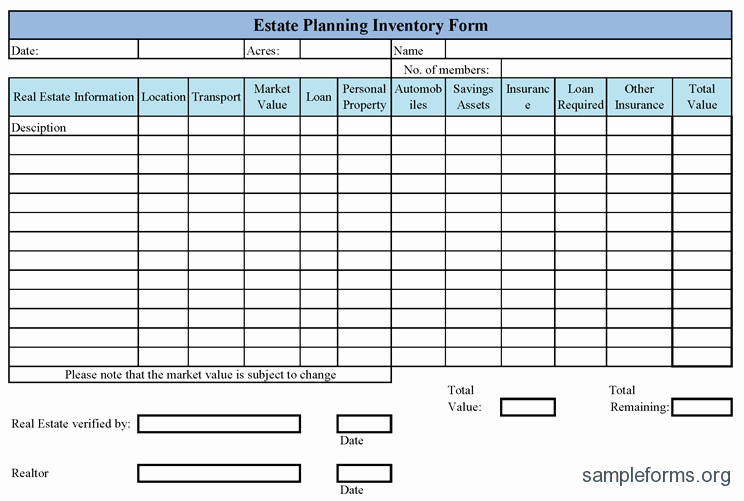 Estate Personal Property Inventory form Elegant Estate Planning Inventory form Sample forms
