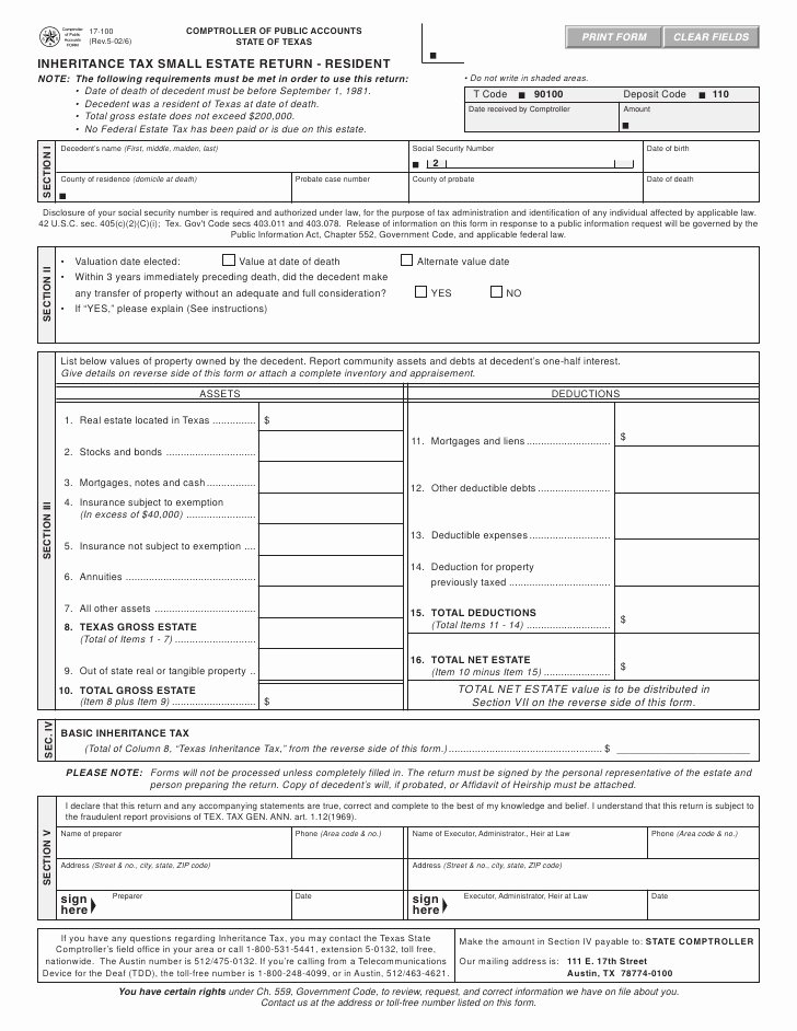 Estate Personal Property Inventory form New Texas Inheritance Tax forms 17 100 Small Estate Return