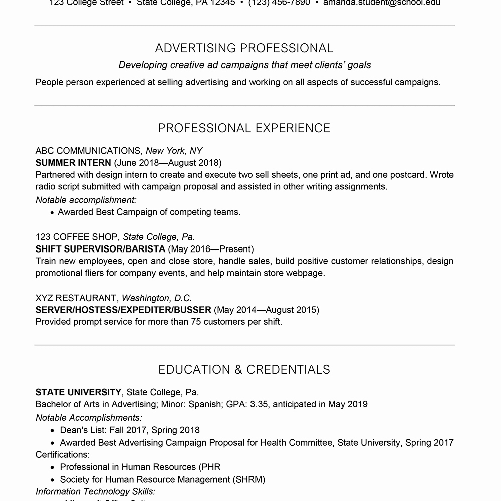 Example Of Academic Resume New College Student Resume Example