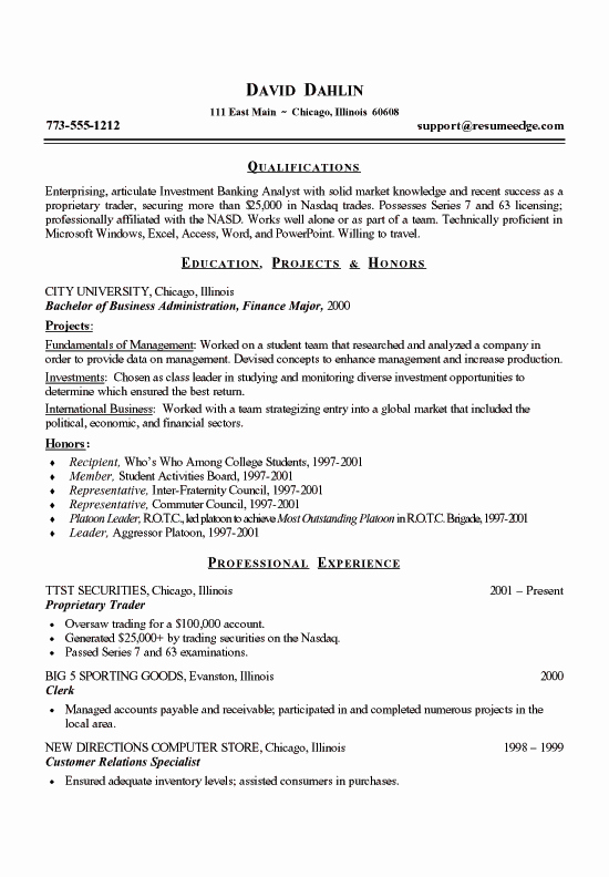Example Of Academic Resume Unique Finance Student Resume Example Sample