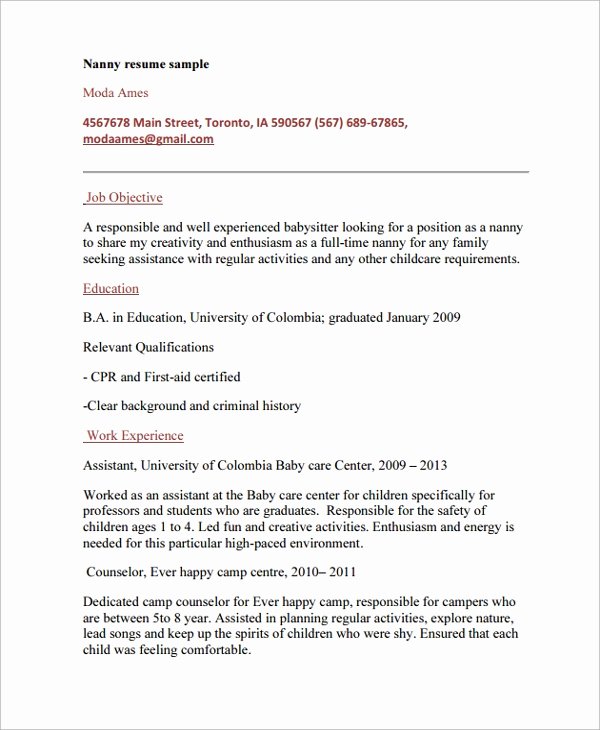 Examples Of Nanny Resumes Elegant Sample Nanny Resume Template 6 Free Documents Download