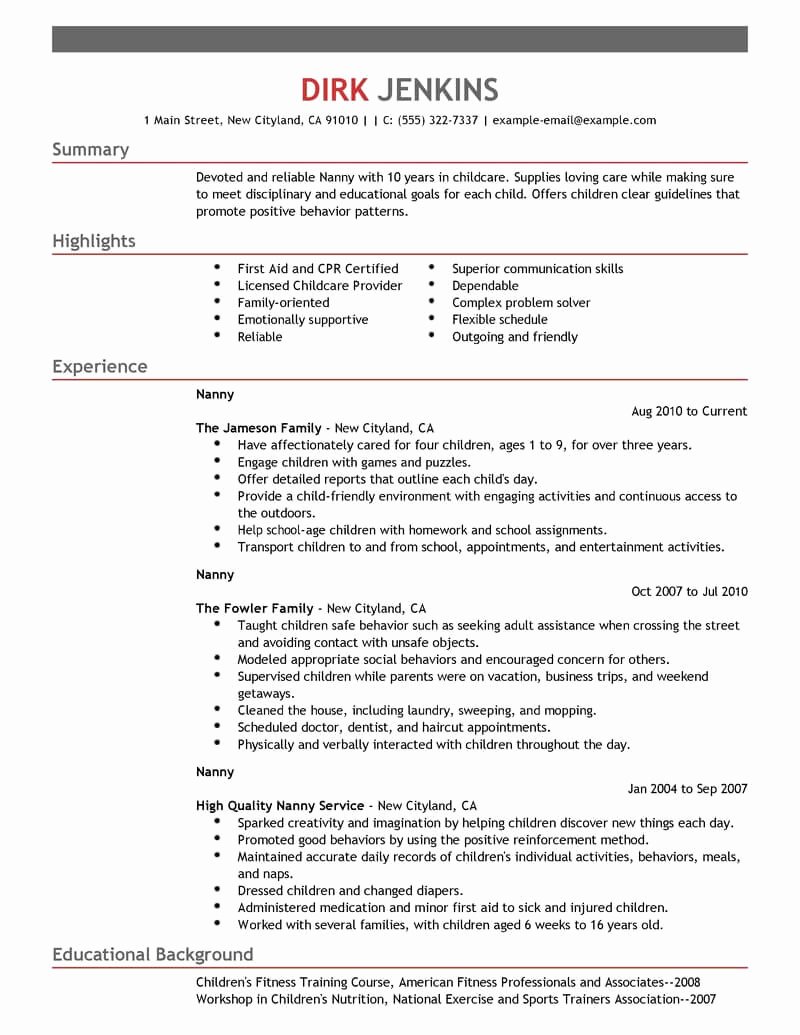 Examples Of Nanny Resumes Unique Best Nanny Resume Example
