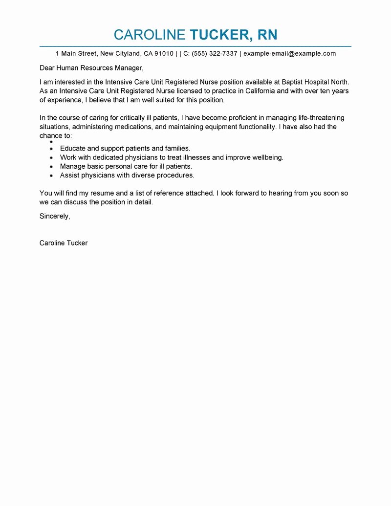 Examples Of Nursing Cover Letters New Best Intensive Care Unit Registered Nurse Cover Letter