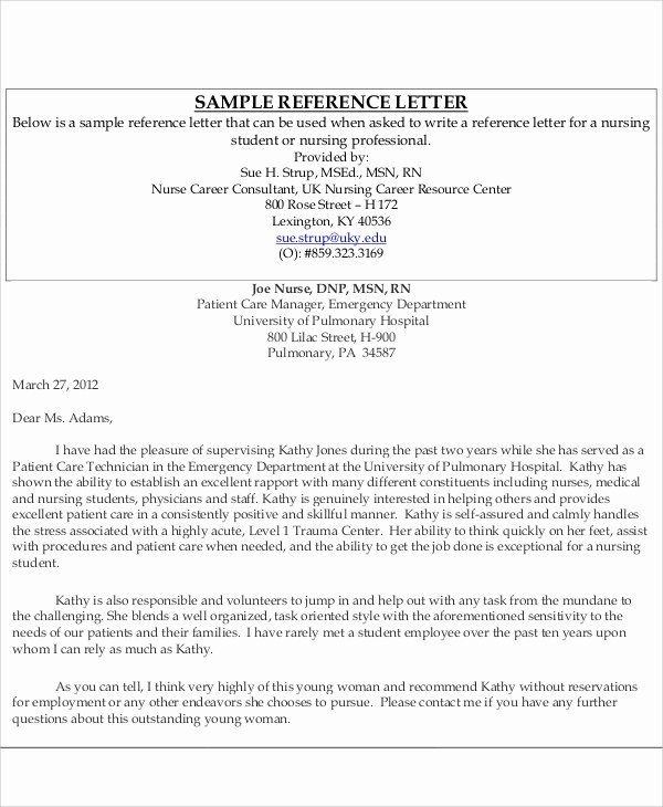 Examples Of Professional Reference Letters New 8 Sample Nursing Re Mendation Letter Free Sample
