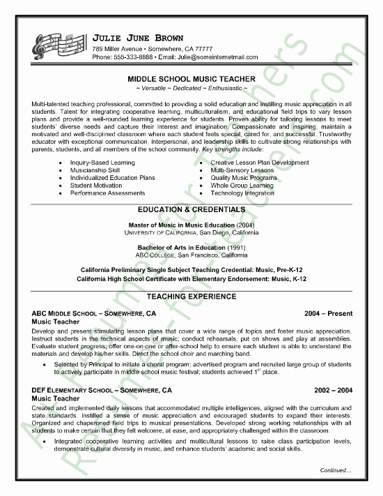 Examples Of Teaching Resumes Beautiful Music Teacher Resume Sample Page 1