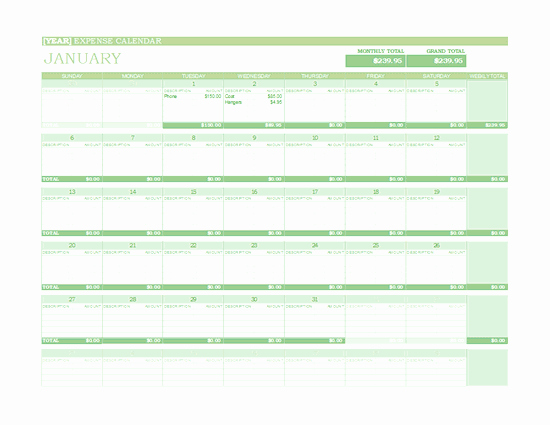 Excel 2010 Calendar Template New Any Year Expense Calendar for Microsoft Excel