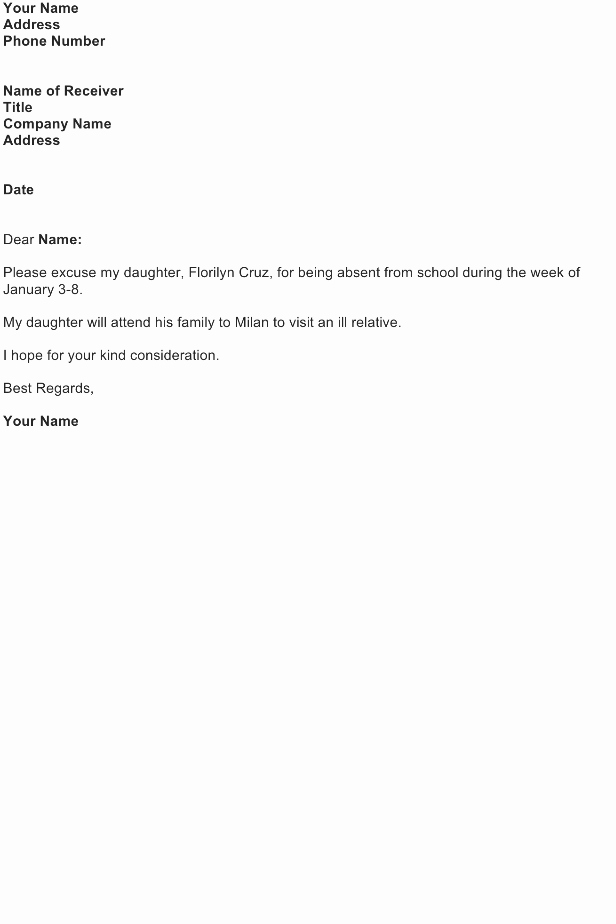 Excuse Note for School Absence Beautiful Excuse Letter for Being Absent In School Free Download