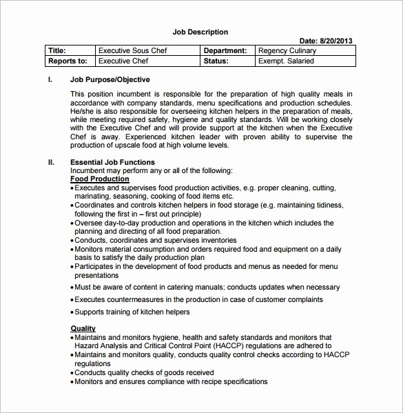 30 Executive Sous Chef Job Description Example Document Template