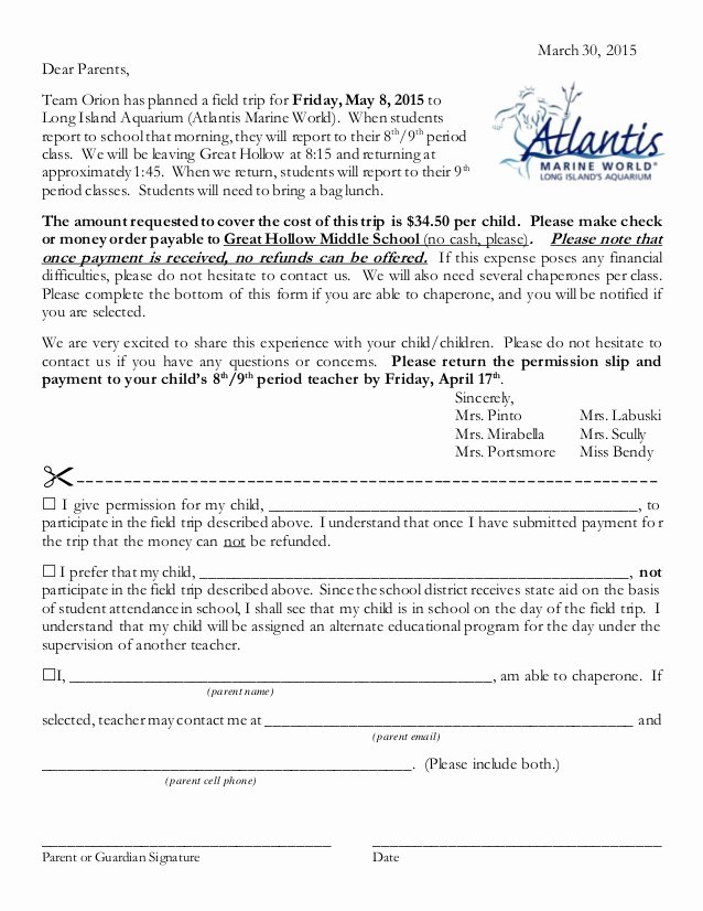 Field Trip Permission form Awesome atlantis Field Trip Permission Slip 2015