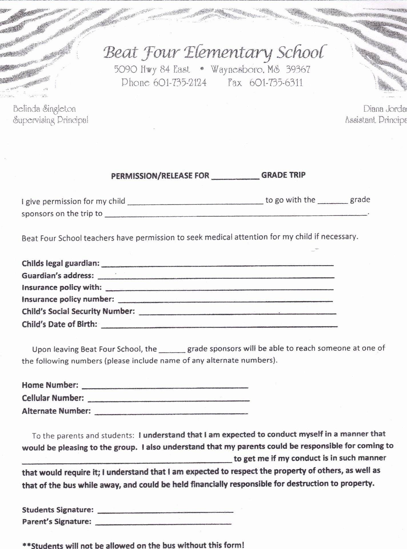 Field Trip Permission Slip form Awesome forms Beat Four School