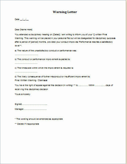 Final Written Warning Template Awesome 7 Professional Warning Letter Templates