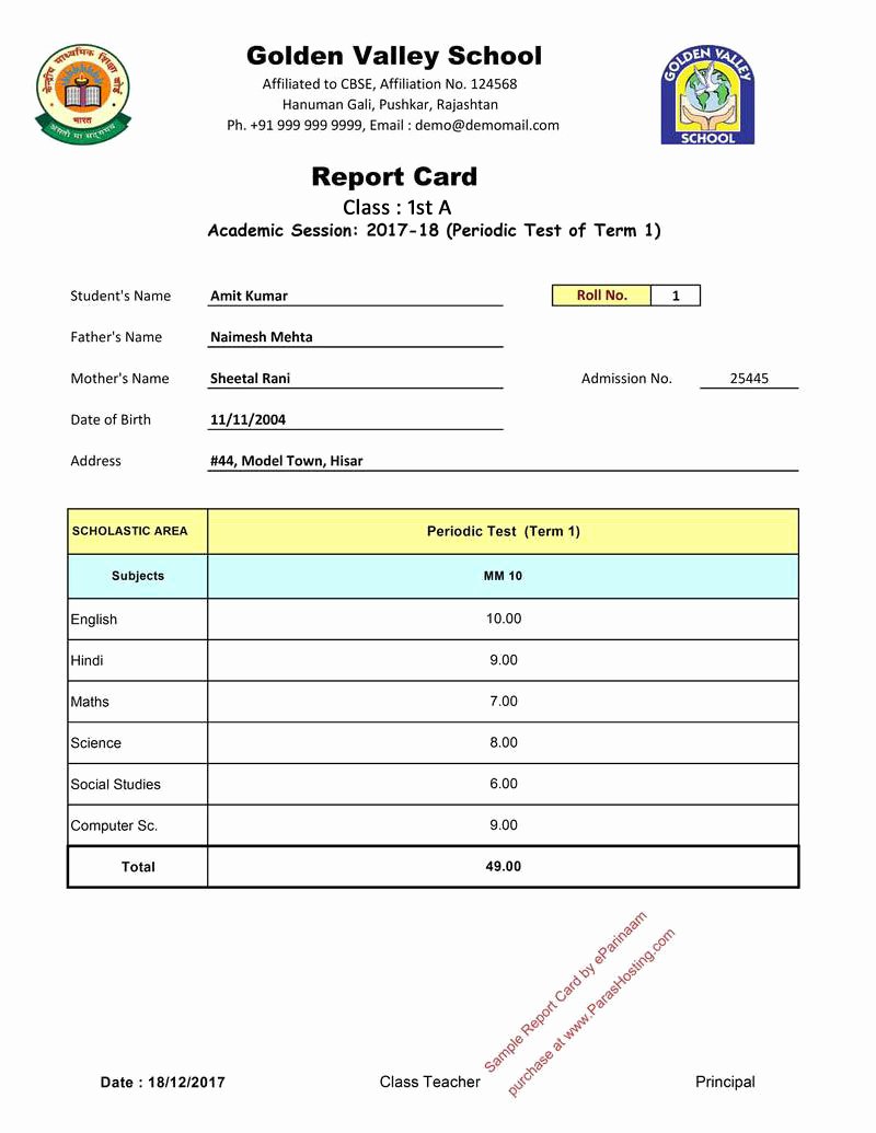 First Grade Report Card Template Lovely Cbse Report Card format for Primary Classes I to V