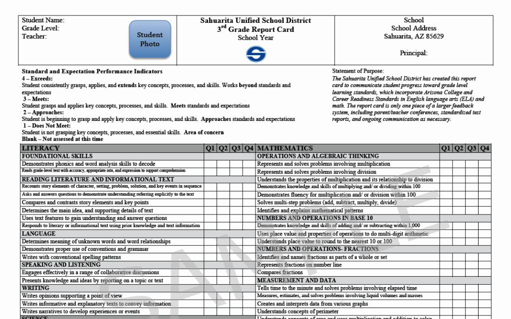 First Grade Report Card Template Lovely Sahuarita Unified School District Elementary Report Cards
