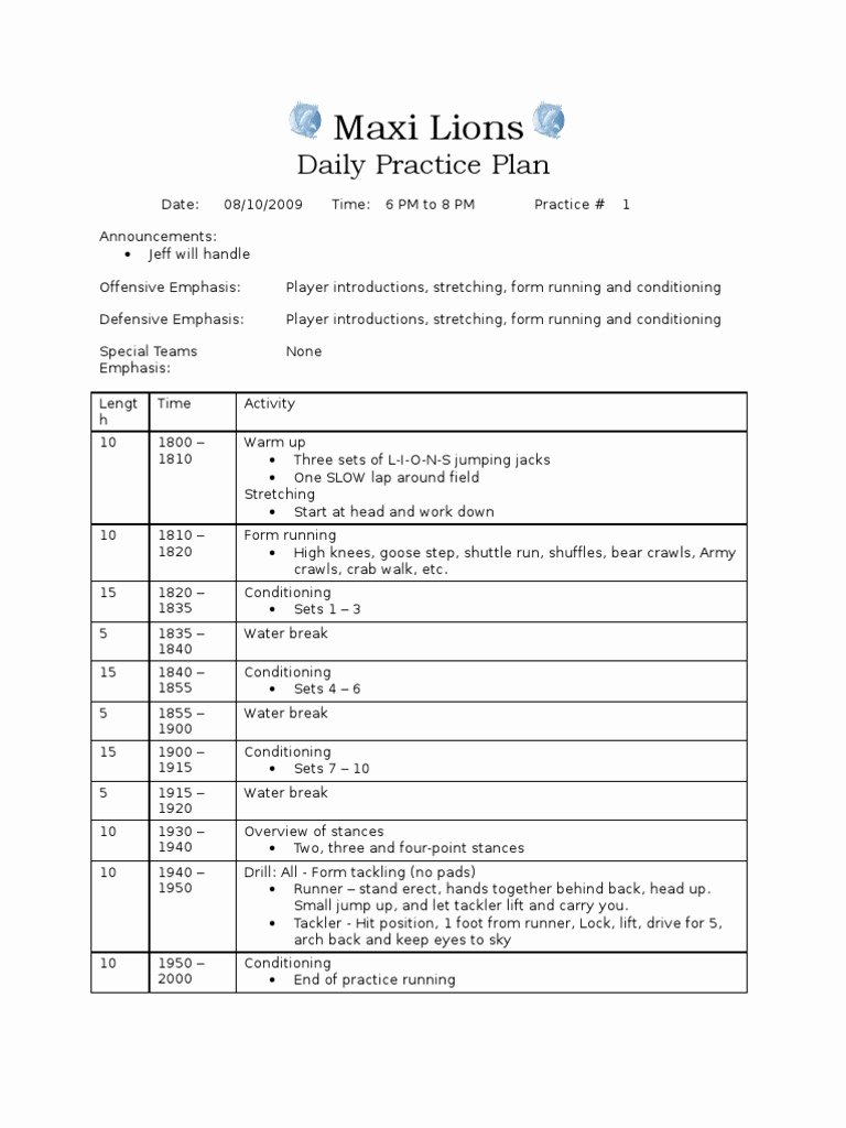 Football Practice Plan Sheet Unique Youth Football Practice Plan Template