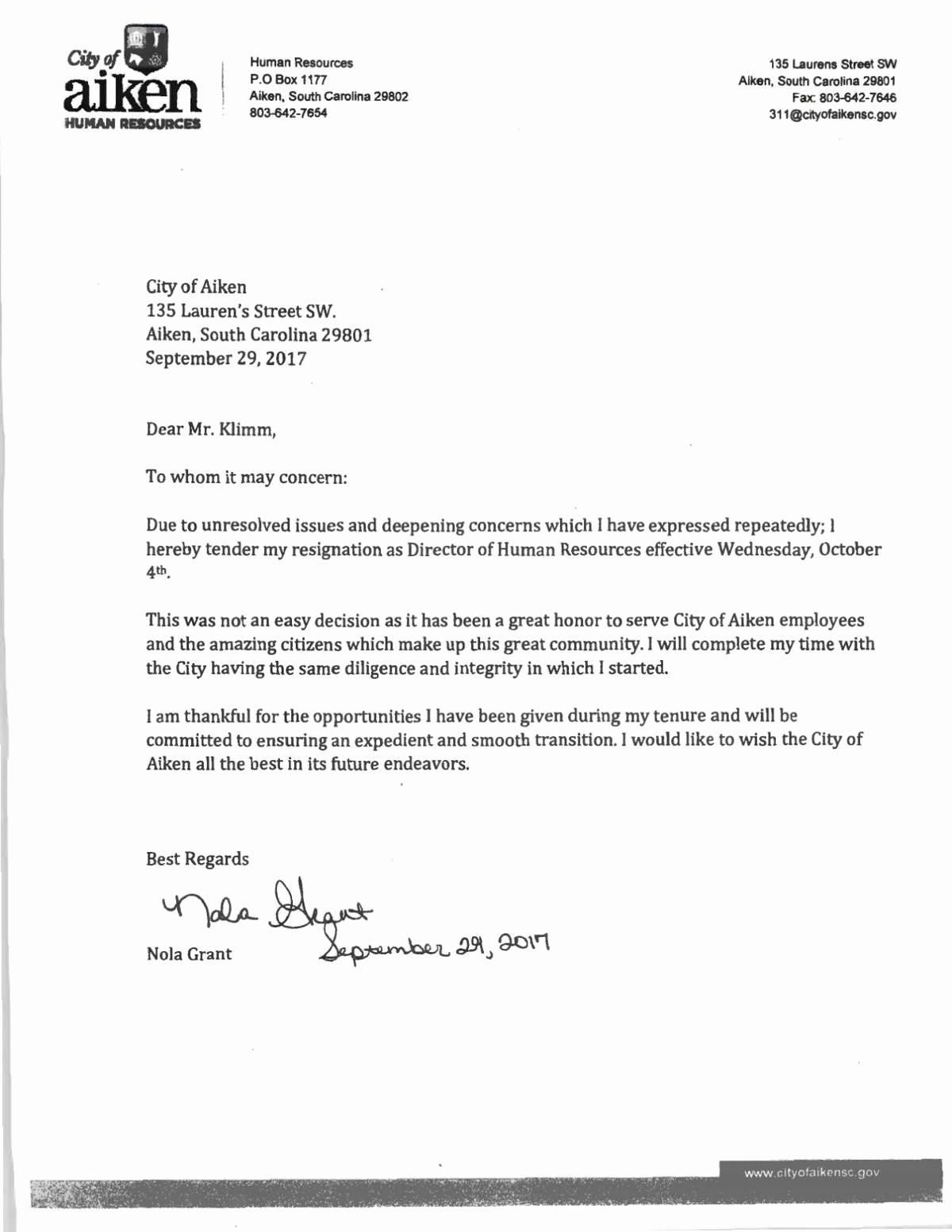 Form Letter Of Resignation Inspirational Nola Grant Resignation Letter