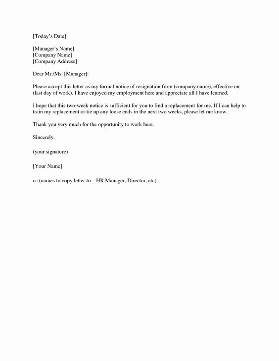Formal Letters Of Resignation Fresh 2 Weeks Notice Letter