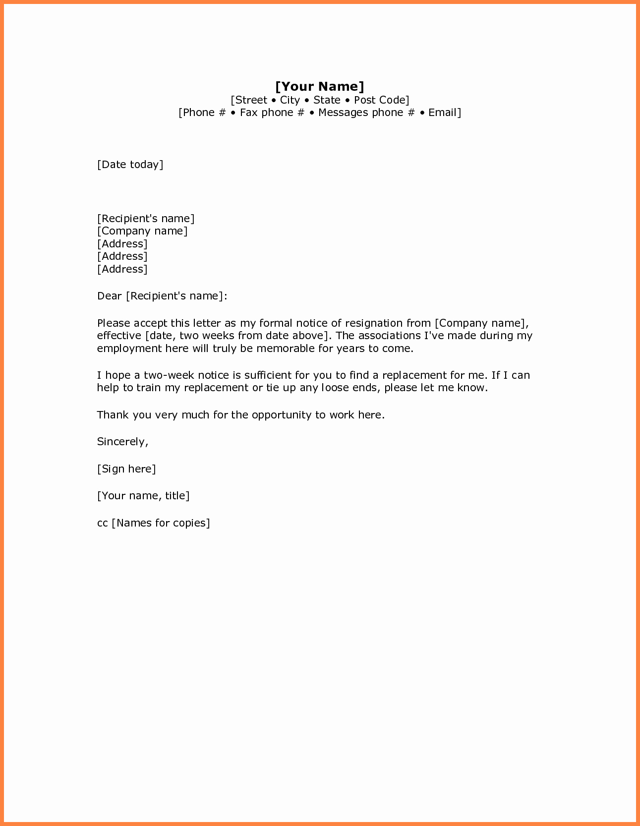 Format for Resignation Letter New 5 Simple Resignation Letter Sample 1 Week Notice