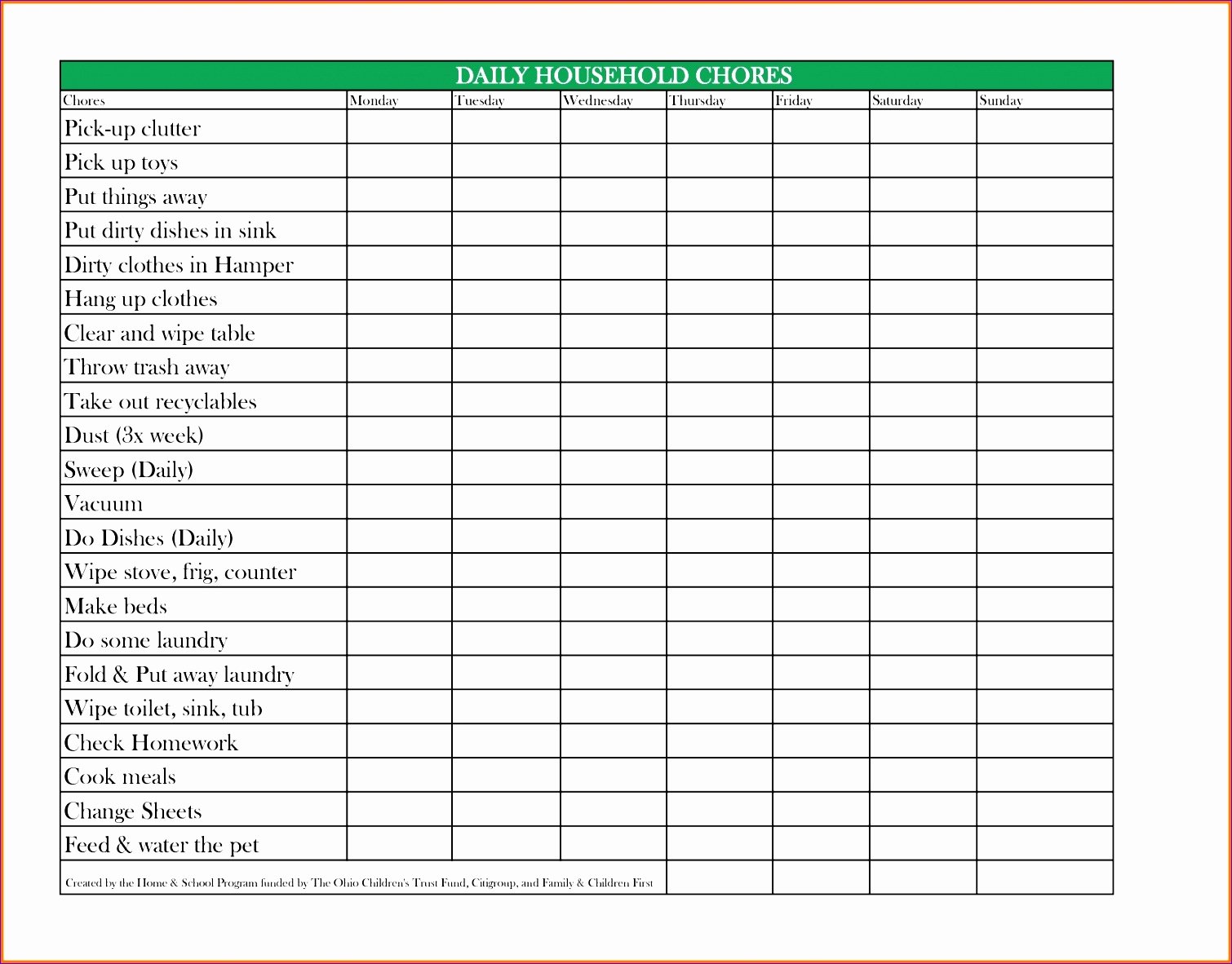 Free Printable Chore Chart Template Adults