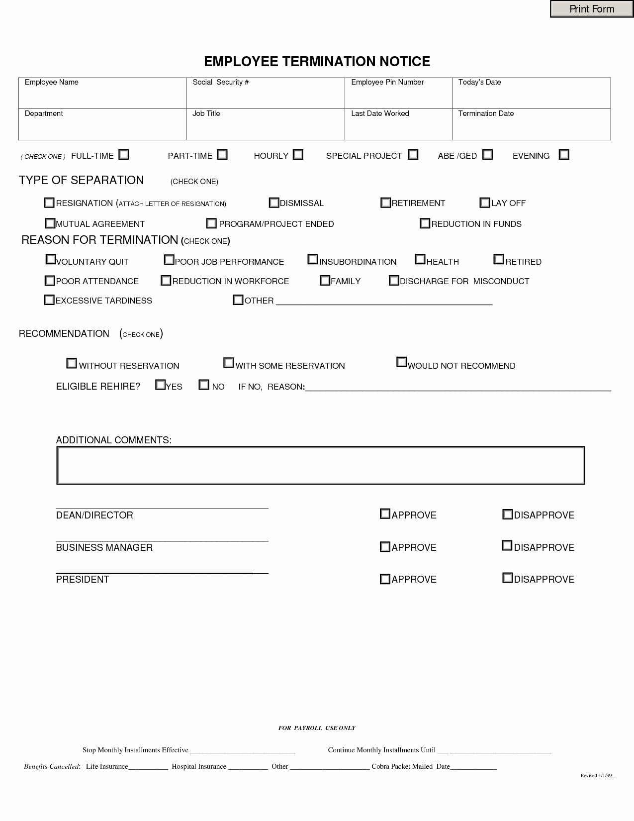 Free Employment Termination forms Inspirational Separation Notice Template – Printable Year Calendar