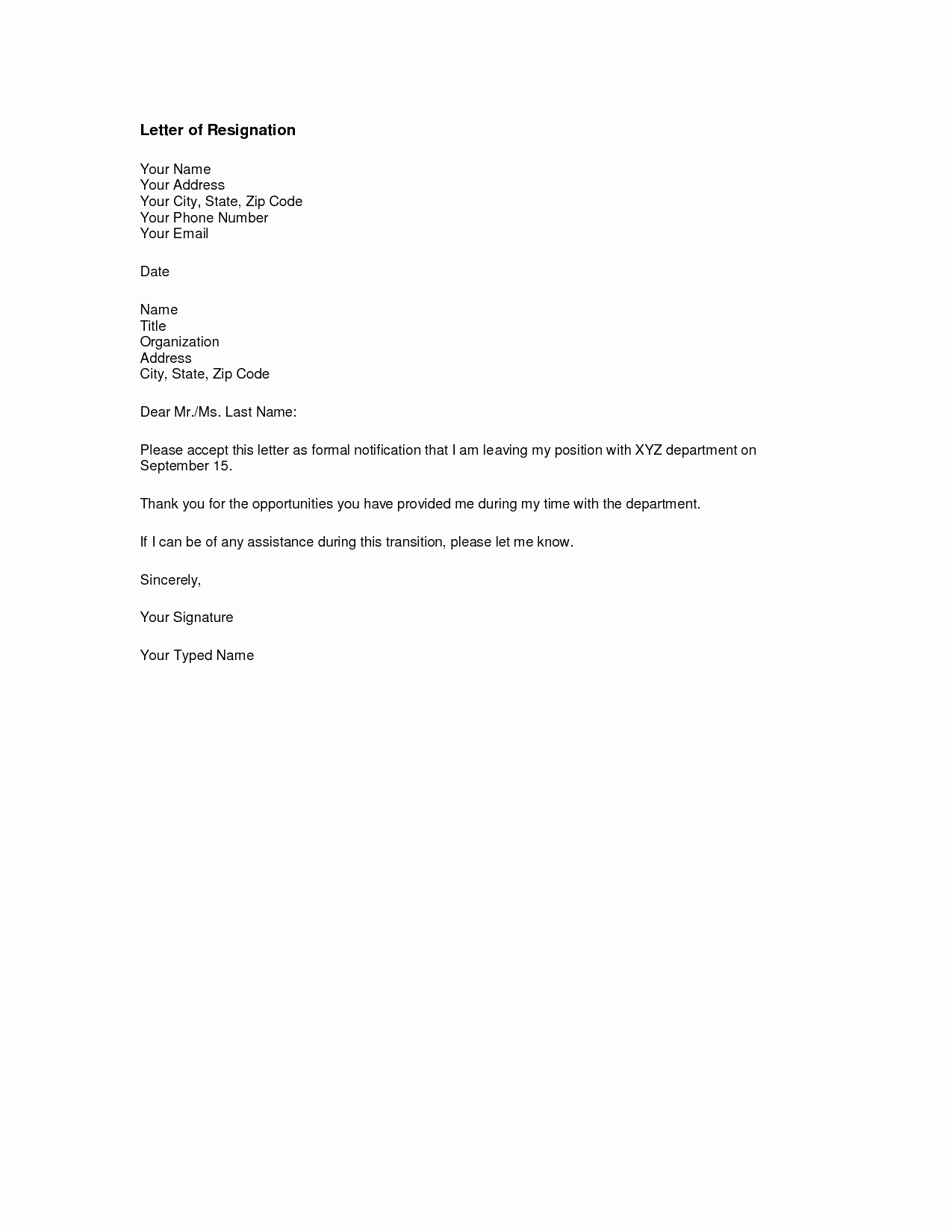 Free Example Of Resignation Letters New Free Printable Letter Of Resignation form Generic