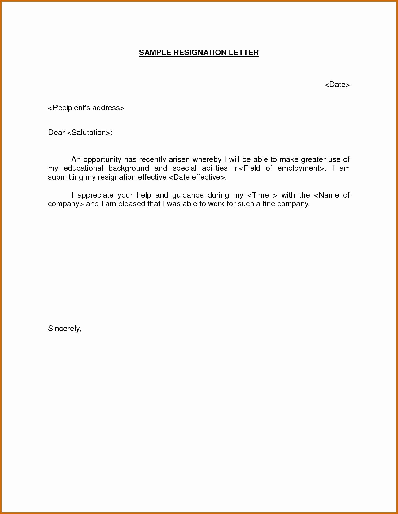 Free Examples Of Resignation Letter Unique Free Sample Resignation Letter Template Picture