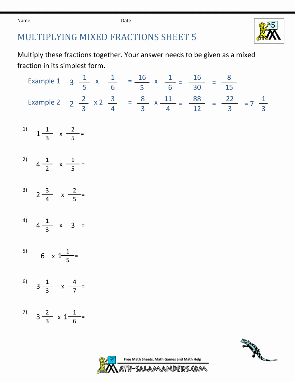 Free Multiplying Fractions Worksheets Inspirational Multiplying Mixed Fractions