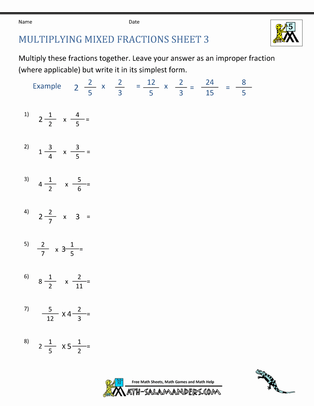 Free Multiplying Fractions Worksheets New Multiplying Mixed Fractions