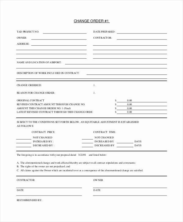 Free Printable Change order forms New Change order form